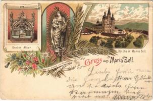 1896 (Vorläufer) Mariazell, Gnaden Altar, Kirche, Marien Statue i.d. Kirche / church interior, altar. Art Nouveau, floral, litho (fa)