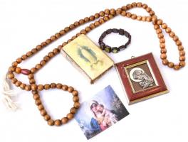5 db kegytárgy: Szűz Mária-képek, füzér, karkötő, imakönyv (szakadt kötés)