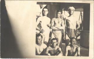 Osztrák-magyar haditengerészet matrózai fürdőnadrágban a fedélzeten / K.u.K. Kriegsmarine Matrosen / Austro-Hungarian Navy, mariners in swimming shorts on deck. photo
