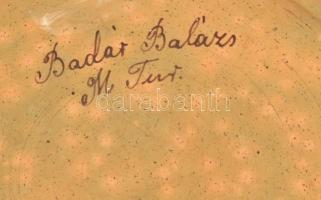 Badár Balázs (1855-1938): Fali tál, mázas kerámia, kézzel festett, mázhibákkal, kopásnyomokkal, jelz...