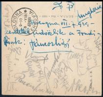 1939 Bologna-FTC 2:1 mérkőzésről küldött képeslap aláírásokkal (Háda, Tátrai, Lázár, Sárosi, Táncos,...