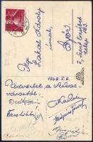 1949 FTC által küldött képeslap aláírásokkal (Henni, Csanádi, Budai, Háry, Lakat, Mészáros, Kispéter)