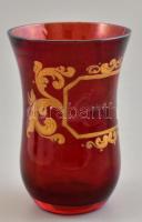 Antik, XIX. sz. vörös emlék pohár arany színű historizáló dekorral, "Emlékül" felirattal. ...