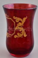 Antik, XIX. sz. vörös emlék pohár arany színű historizáló dekorral, "Emlékül" felirattal. ...