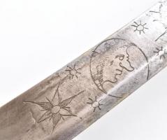 XIX. sz. Fringia huszár szablya. Feliratos, rajzos pengével a Nap, Hold és Esthajnalcsillag ábrázolá...