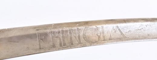 XIX. sz. Fringia huszár szablya. Feliratos, rajzos pengével a Nap, Hold és Esthajnalcsillag ábrázolá...