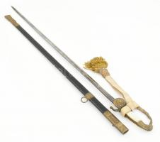 1876M k.k. tisztviselő kard, bőr és réz hüvellyel, kardbojttal, javított. Gyöngyház berakásos markolat / 1876M office bearer sword with scabbard and sword knot 95 cm