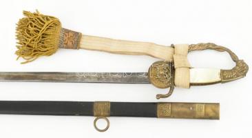 1876M  k.k. tisztviselő kard, bőr és réz hüvellyel, kardbojttal, javított. Gyöngyház berakásos marko...
