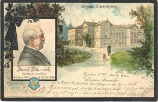 1898 (Vorläufer) Fürst Bismarck Herzog von Lauenburg, Schloss Friedrichsruh. Kunstanstalt J. Miesler / Obituary card of Otto von Bismarck. Art Nouveau, floral, litho (EK)