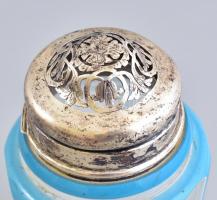 Antik, 2 db XIX. sz. fűszertartó üveg edény ezüst (Ag) tetővel, jelzés nélkül és egy ezüst kanállal,...