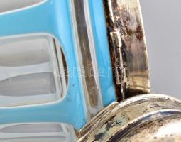 Antik, 2 db XIX. sz. fűszertartó üveg edény ezüst (Ag) tetővel, jelzés nélkül és egy ezüst kanállal,...