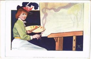 Lady painting and smoking. Szénásy és Reimann (vágott / cut)