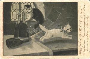 1902 Prosit! / Cats with champagne. Fr. A. Ackermann Kunstverlag Künstlerpostkarte No. 1174. s: A. Dreher (szakadás / tear)