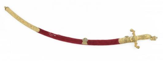 Díszmagyar kard. XIX. sz. Figurális, Szent István királyt ábrázoló markolattal, magyar címerrel, bár...