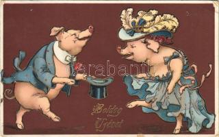 1910 Boldog Újévet! / New Year greeting art postcard with pigs. S.B. 298. H. litho (EK)