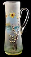 Antik fújt üveg kancsó. Kézzel festett virág és tájkép dekorral. M: 30,5 cm / Antique glass jug, hand painted, with some minor wear. Height: 30,5 cm
