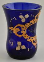 Antik, XIX. sz. kék emlék pohár arany színű historizáló dekorral, "Emlékül" felirattal. Ké...