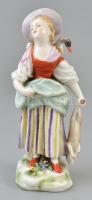Porcelán lány figura, kézzel festett, jelzett, apró sérüléssel, m: 12,5 cm