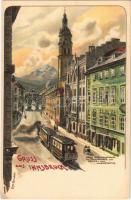 Innsbruck (Tirol), Maria Theresienstrasse mit Triumphpforte und Serles oder Waldrastspitze / street with tram. Art Nouveau, litho s: Erw. Spindler (EK)