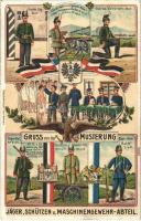 Gruss von der Musterung: Jäger, Schützen u. Maschinengewehr-Abteil / German military art postcard. Art Nouveau litho