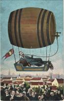 Névnapi üdvözlet! Sörivó férfi hordóléghajón / Herzlichen Glückwunsch zum Namenstag! / Name Day greeting, man drinking beer in barrel airship. L&P 5096.