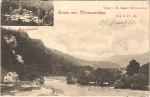 1900 Mürzzuschlag (Steiermark), Hotel Lambach, Weg in die Au / hotel, riverside. Verlag v. M. Riegler (EK)