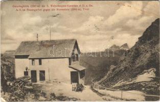 1912 Vigo di Fassa (Südtirol), Ostertaghütte der S. Welschnoven-Karersee d. D. u. Oe. A. V. im Rosengarten gegen die Marmolata (Rotwandhütte) / Rifugio Roda di Vael / mountain hotel, tourist house (EK)