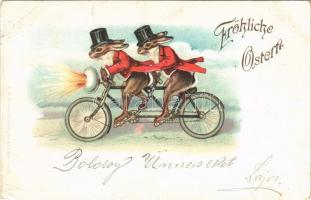 1900 Húsvéti üdvözlet! Kerékpáros nyulak / Fröhlichte Ostern / Easter greeting, rabbits on tandem bicycle. E.A. Schwerdtfeger & Co. 3102. litho (EK)