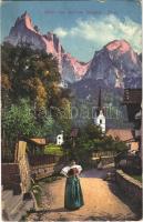 1912 Siusi allo Sciliar, Seis am Schlern (Südtirol); street view, church, Villa Heufel (EK)