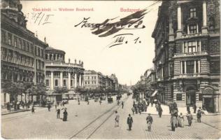 1909 Budapest VI. Váci körút (Ma Bajcsy-Zsilinszky út), takarékpénztár, villamos. Divald Károly 140-1907. (EK)