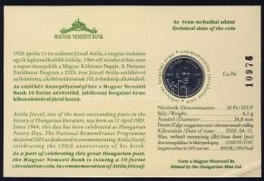 2005. 10Ft "József Attila" számozott emléklapon T:1 Csak 12000db létezhet!