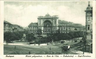 Budapest VII. Keleti pályaudvar, vasútállomás, Baross szobor, villamos, Takács Ferenc üzlete (EK)