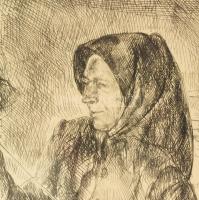 Varga Nándor Lajos (1895-1978): Aldobolyi fonó nő. Rézkarc, papír, jelzett. Ajándékozási sorokkal Rá...