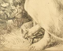 Varga Nándor Lajos (1895-1978): Aldobolyi fonó nő. Rézkarc, papír, jelzett. Ajándékozási sorokkal Rá...