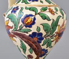 Badár Balázs (1855-1938): Díszkancsó, mázas kerámia, kézzel festett, jelzett, mázhibákkal, apró lepa...