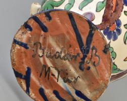 Badár Balázs (1855-1938): Díszkancsó, mázas kerámia, kézzel festett, jelzett, mázhibákkal, apró lepa...