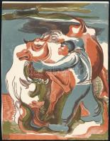 Karin Lieven (1899-1978): Férfi bikákkal, fametszet, papír, jelzett a metszeten, 24×18 cm