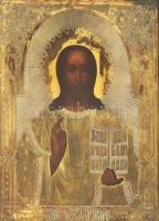 cca 1900 Tanító Krisztus ikon, réz okláddal, olaj, fatábla, üvegezett, kulcsra zárható fa tokban, jelzés nélkül, 18×14 cm / Icon
