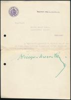 1943 Szinyei-Mersei Jenő (1888-1957) a Kállay-kormány vallás és közoktatásügyi miniszerének (1942-1944) saját kezű aláírása egy köszönő levélen, fejléces papíron.