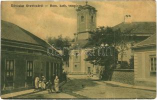 1907 Oravicabánya, Oravica, Oravicza, Oravita; Római katolikus templom, üzlet. Mich. Theodorovits kiadása / street view, Catholic church, shop (EB)