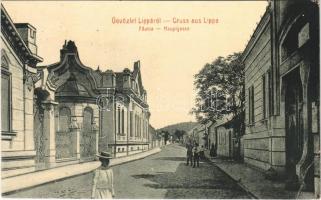 1909 Lippa, Lipova; Fő utca. W. L. 3051. / Hauptgasse / main street + GYULA-FEHÉRVÁR - BUDAPEST 5. SZ. B vasúti mozgóposta bélyegző (EB)