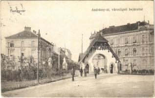 1915 Temesvár, Timisoara; Andrássy út, városligeti bejárattal. Polatsek kiadása / street view, park (EB)