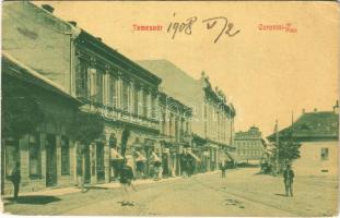 1908 Temesvár, Timisoara; Coronini tér, Joanovits, Neubauer üzlete / square, street view, shops (EK)