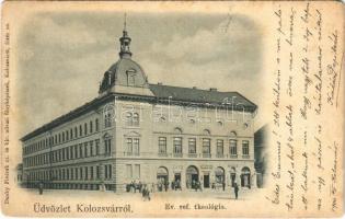 1900 Kolozsvár, Cluj; Református theológia, Népbank, Papp László üzlete. Dunky Fivérek cs. és kir. udvari fényképészek / Calvinist theological institute, bank, shops (kopott sarkak / worn corners)