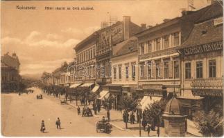 1912 Kolozsvár, Cluj; Fő tér, Unió utca, Iparbank, Püspöky Miklós harisnya kötödéje, Csizhegyi fényképész, üzletek. Stief kiadása / main square, street view, bank, shops (EK)