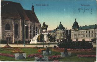 1914 Kolozsvár, Cluj; Mátyás király tér, Haraszthy Jenő üzlete. Gibbon Albert kiadása / square, statue, monument, shops (EK)