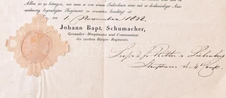 1832 A Mária Teréziáról elnevezett II. polgárőrezred dicsérő oklevele, Papírfelzetes szárazpecséttel...