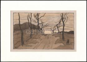 Körösfői Kriesch Aladár (1863-1920): Kopasz fák. Litográfia, papír, paszpartuban, 15×25 cm