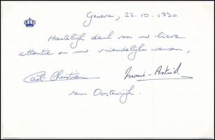 Carl Christian Habsburg herceg (1954-) és felesége Marie-Astrid (1954-) sorai és autográf aláírásai kártyán, 1990-ből. Lapra montírozva (nem ragasztva), feliratozva holland nyelven. / Archduke Carl Christian of Austria (1954-) and his wife Archduchess Marie-Astrid of Austria (1954-) autograph lines and signature on a card from 1990. Mounted (not glued) on a piece of paper, with description in Dutch languague.