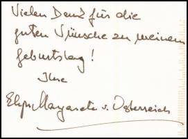gróf Kálnoky Margit  de Kőröspatak, Habsburg hercegnő (1926-) autográf német nyelvű köszönő sorai sz...